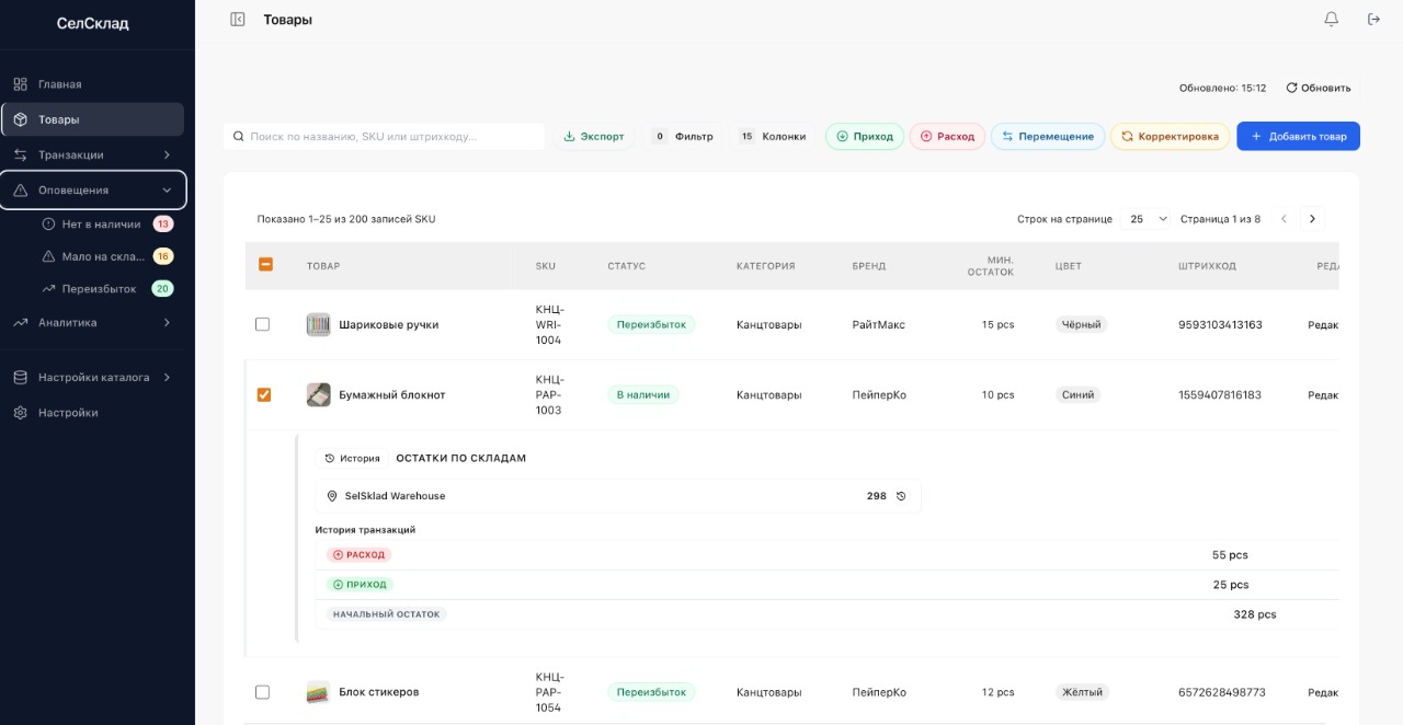 Панель СелСклад с товарами и остатками